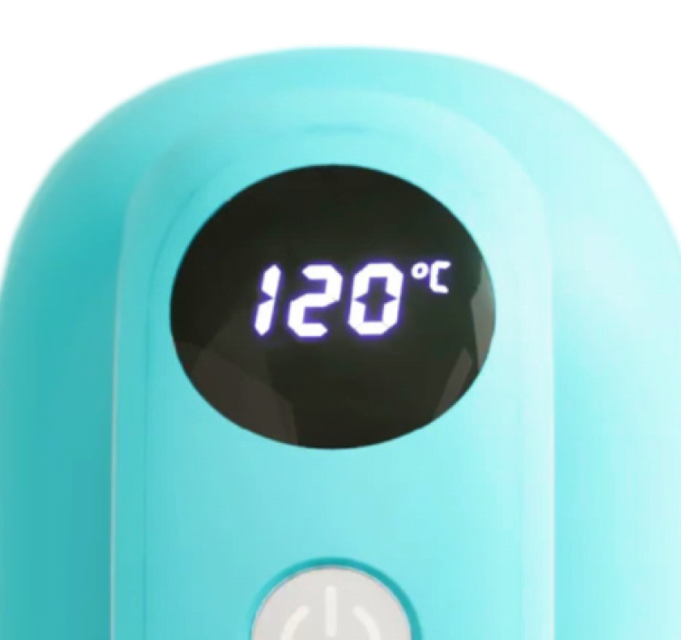 Close view of the display screen on the Impress™ Hat. It reads 120 °C.