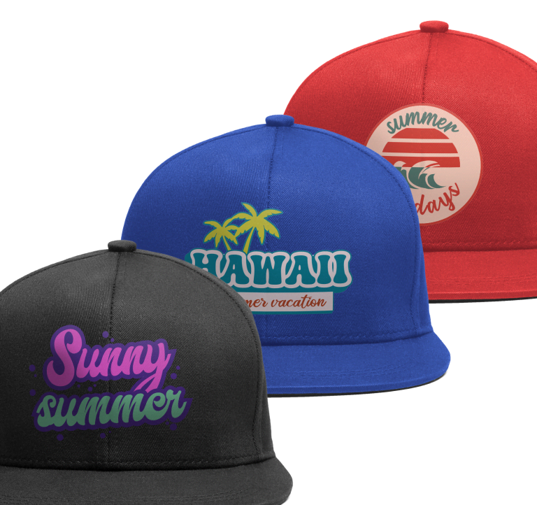 Three caps in a row: black hat with sunny summer vinyl desing, blue cap with Hawaii desing and red cap with a circular design saying summer holidays.