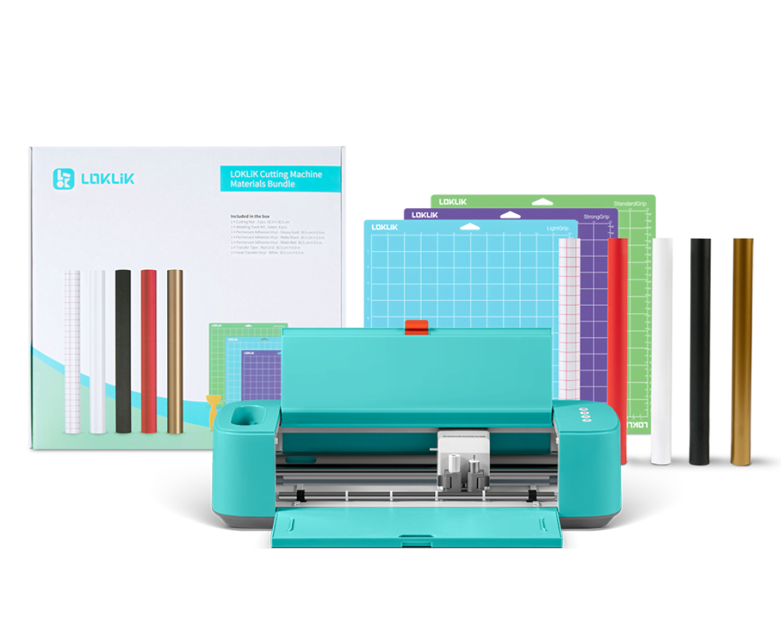 View of a LOKLiK Crafter in LOKLiK Blue in front of an Crafter Starter Pack and its contents: three cutting mats, weeding tools, a roll of permanent adhesive vinyl in glossy gold, matt black and matt red each and grid transfer tape.