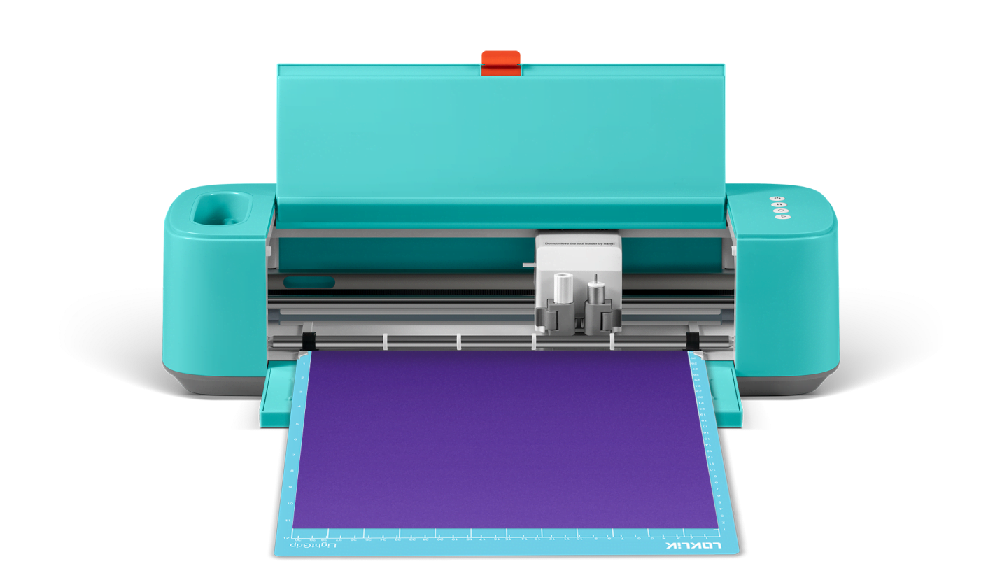 Frontal view of an open LOKLiK Crafter with a blue cutting mat and purple vinyl.