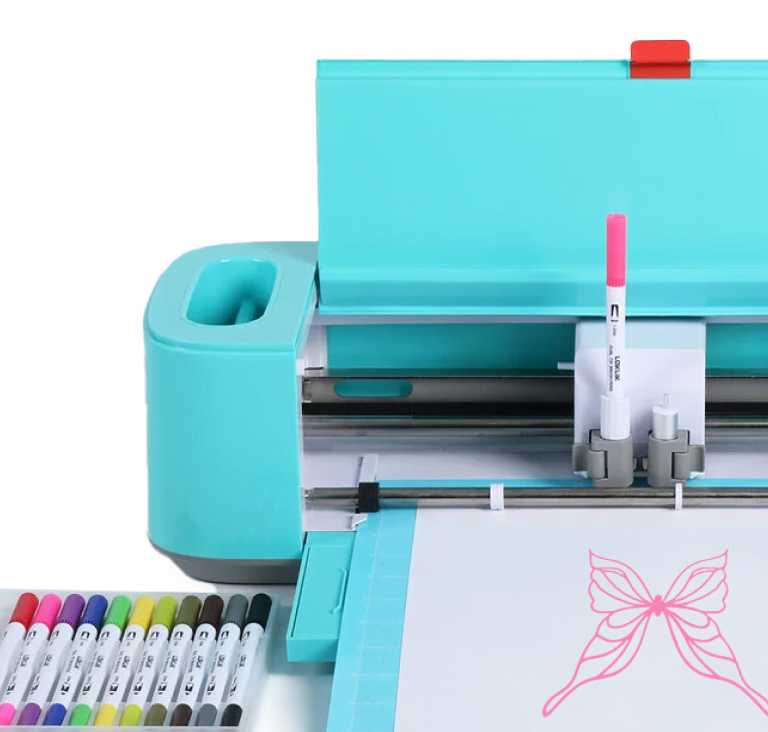 LOKLiK Crafter in LOKLiK Blue with a pink pen in the pen holder. On the cutting mat is a piece of paper with a pink butterfly drawn on it. On the left of the Crafter is a package of LOKLiK pens.