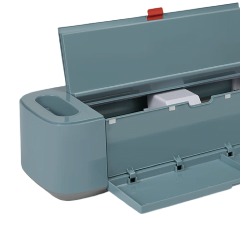 A LOKLiK Crafter in Denim blue at an angle. The built-in storage compartment at the front is open.