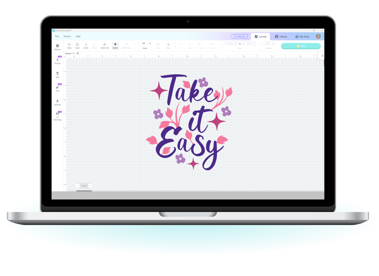 An open laptop with LokLiK IdeaStudio open. It shows a design ready to be cut. The design says 'Take it easy' decorated with leaves and stars.