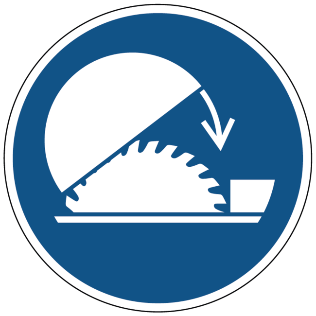 Gebruik de verstelbare kap van de tafelzaag gebodspictogram