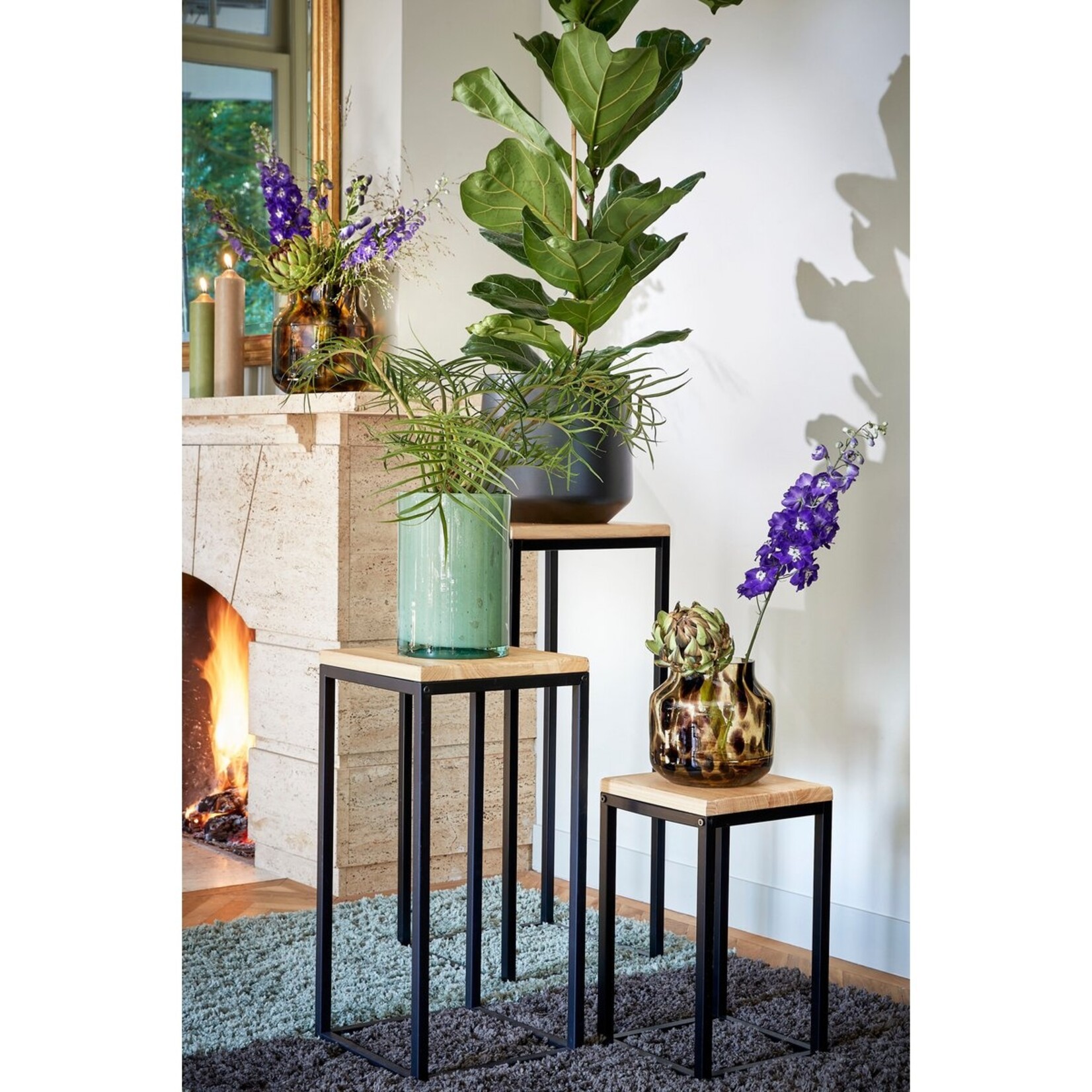 Mica Decorations Oskar Plantentafel - L35 x B35 x H81 cm - Hout, Metaal - Zwart