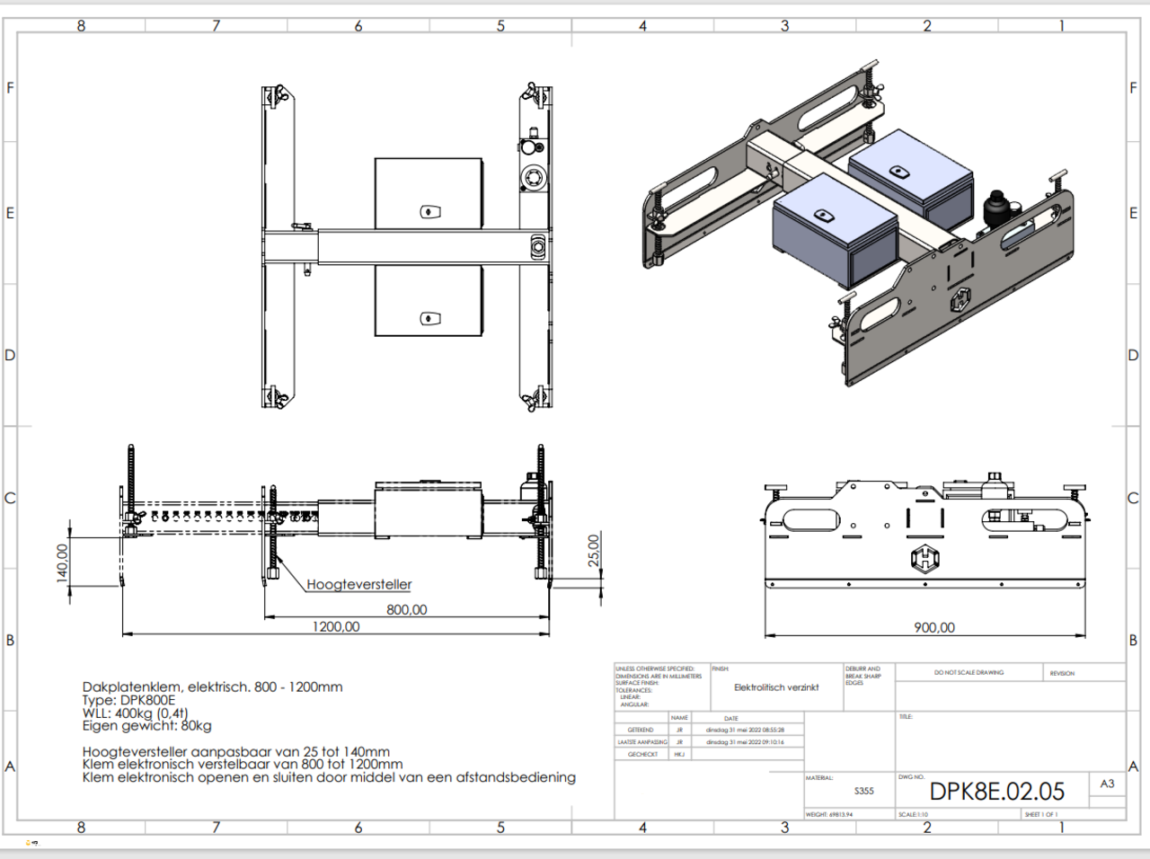 Elektrische dakplatenklem werklast 400kg