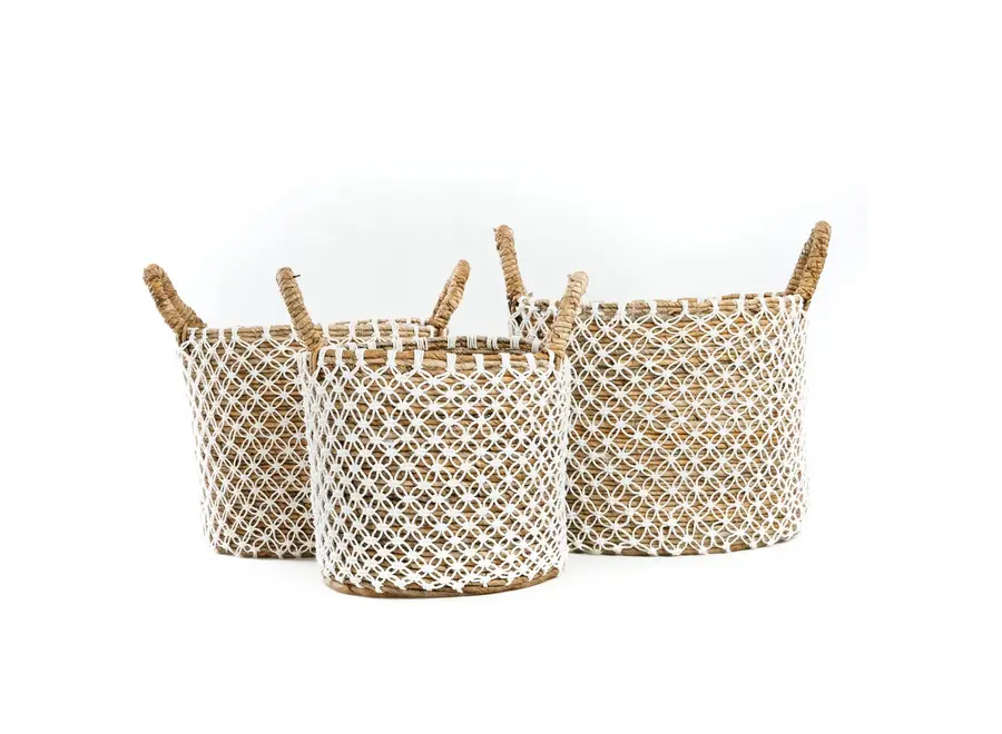 The Crossed Stitched Macrame Basket -Natural White - L