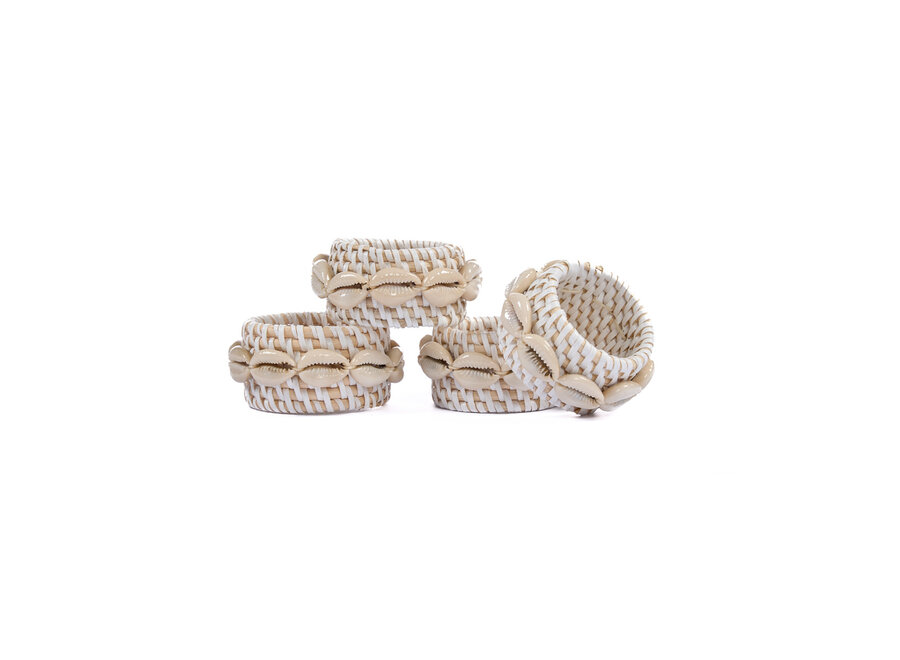 Der Rattan Serviettenring mit Muschel - Weiß - 4er Set