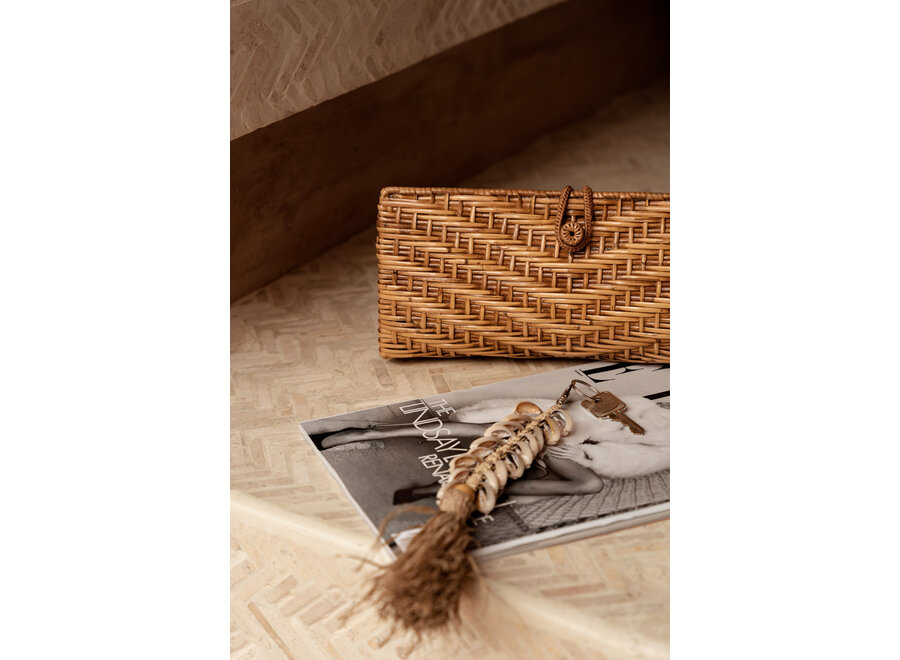 De Raffia Fishbone Sleutelhanger - Naturel Wit