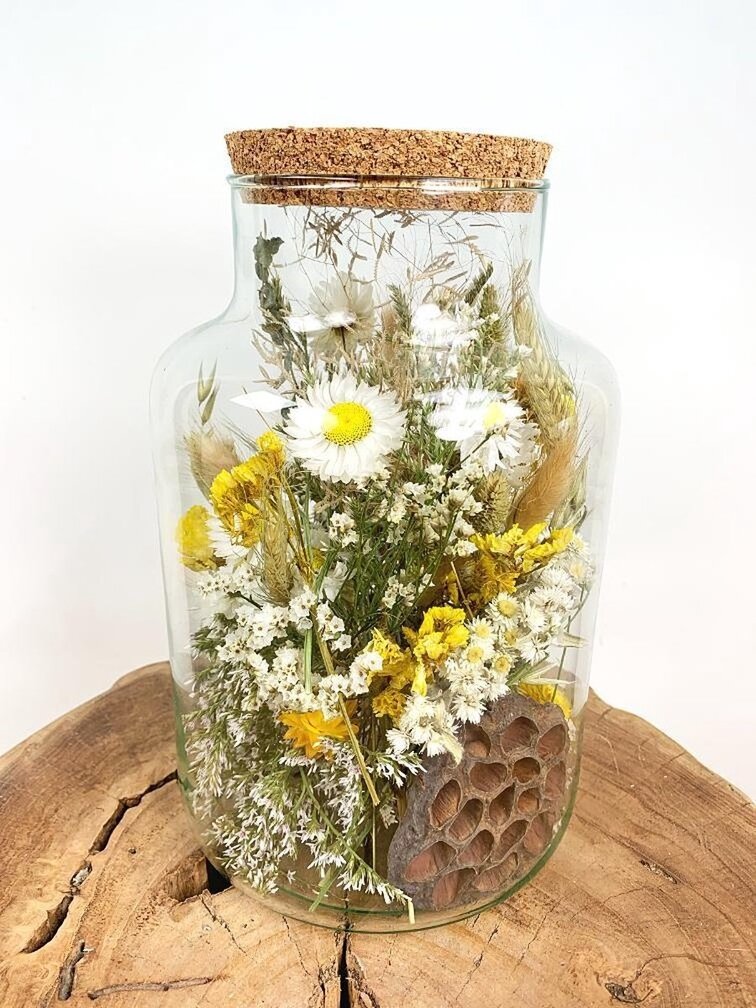 Grand pot en verre avec des fleurs séchées (naturel) - ⌀17xH25cm.