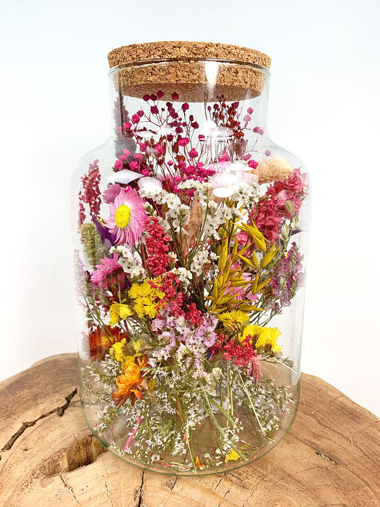 Großes Glasgefäß mit getrockneten Blumen (bemalt) - ⌀17xH25cm