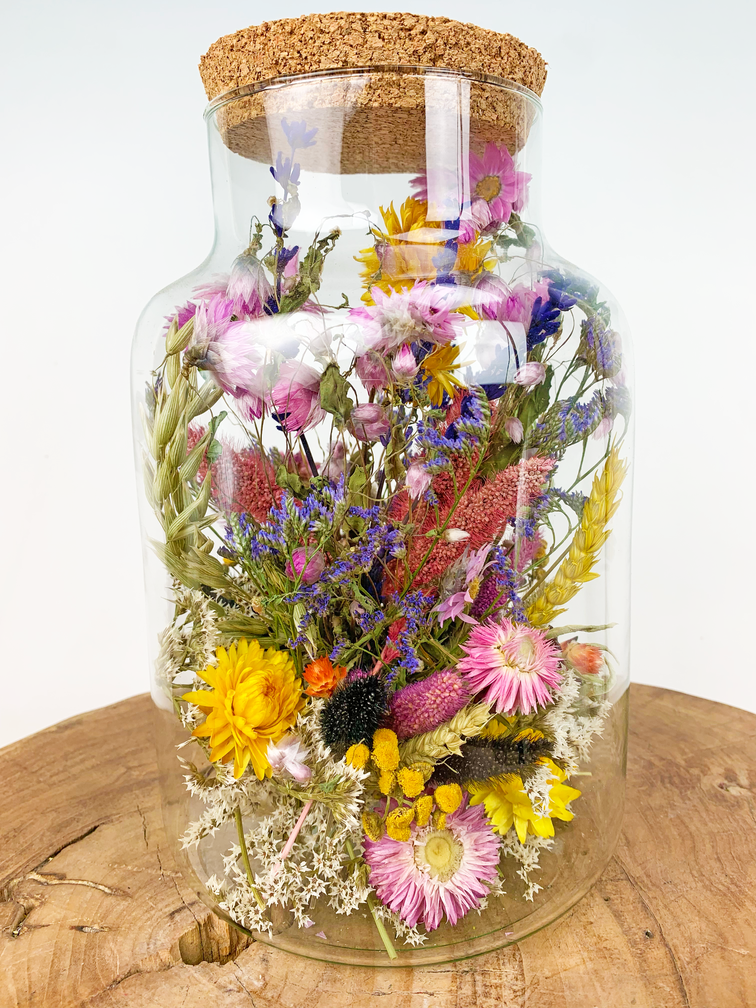 Großes Glasgefäß mit getrockneten Blumen (bemalt) - ⌀17xH25cm