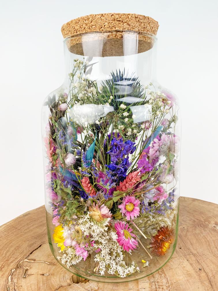 Großes Glasgefäß mit getrockneten Blumen (bemalt) - ⌀17xH25cm