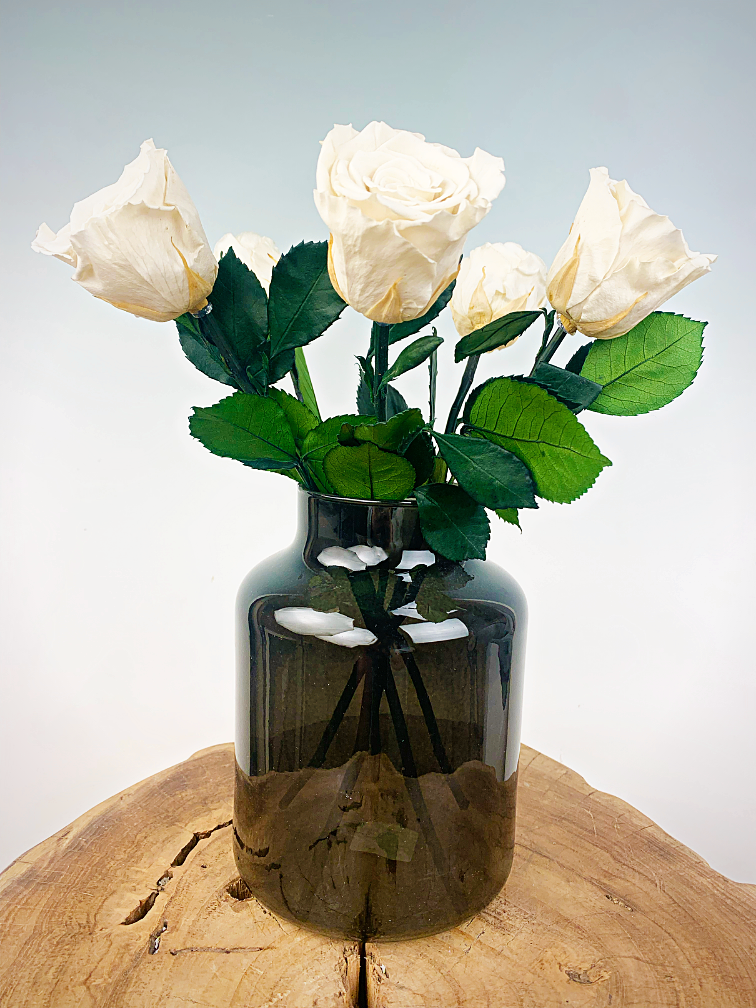Bouquet di rose Longlife (5 pezzi) con vaso in omaggio | Bianco