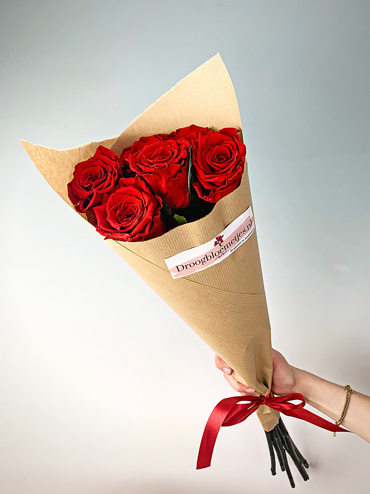 Ramo de Rosas Larga Vida (5 piezas) incl. jarrón gratis | Diamante Rojo