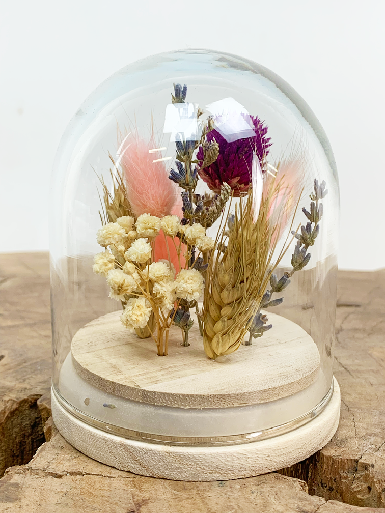 Agotado - Mini campana de cristal con flores secas "Rosa" | 8x10cm