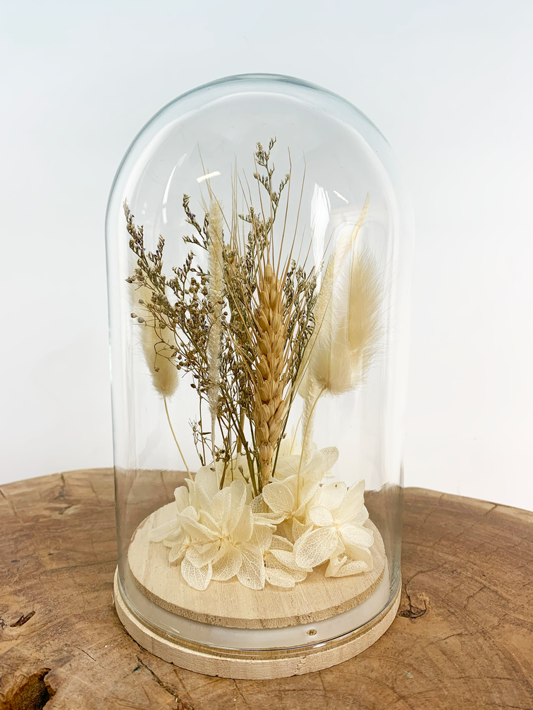 Grande cloche en verre avec fleurs séchées "Beige" | 12x21cm