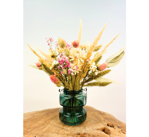 Mini bouquet séché 'Pink Bliss' - avec vase vert | 25cm