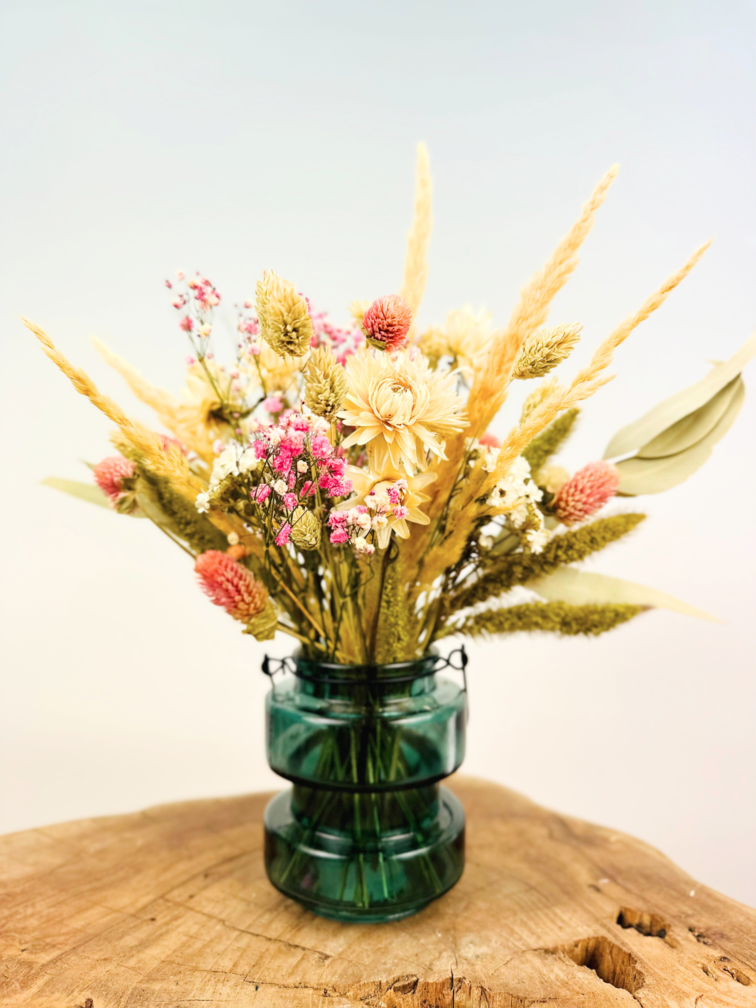 Mini bouquet séché 'Pink Bliss' - avec vase vert | 25cm