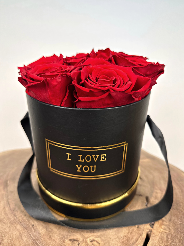 Caja de lujo para rosas "Te quiero" (con 7 rosas de larga duración) - "rojo"