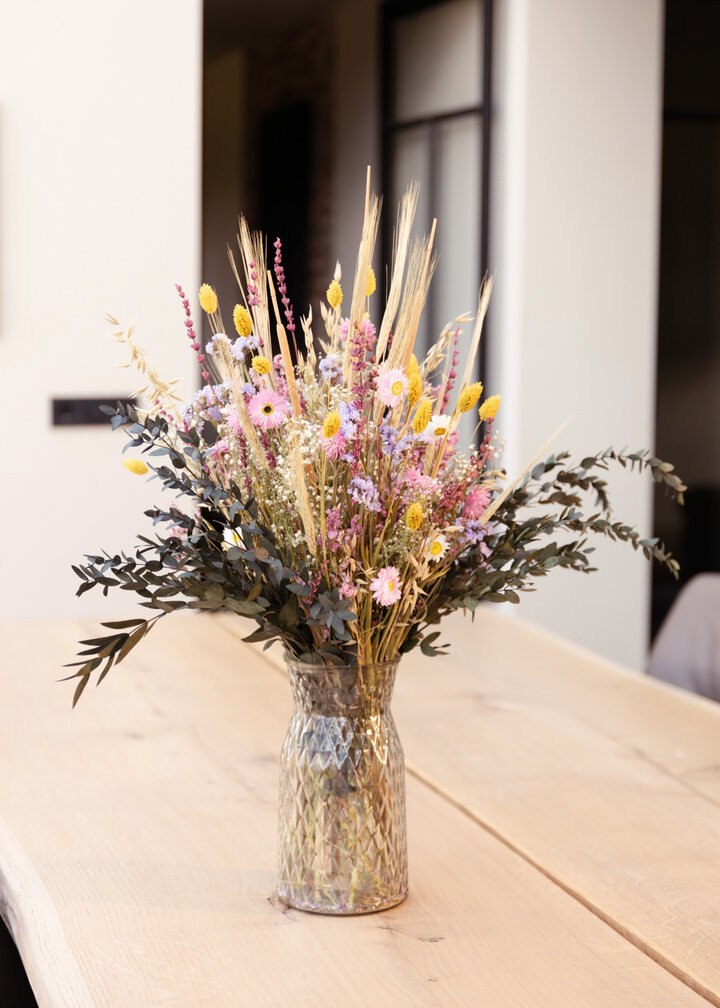 Bouquet de fleurs sèches "Le bouquet du bonheur" - avec vase transparent | 35cm