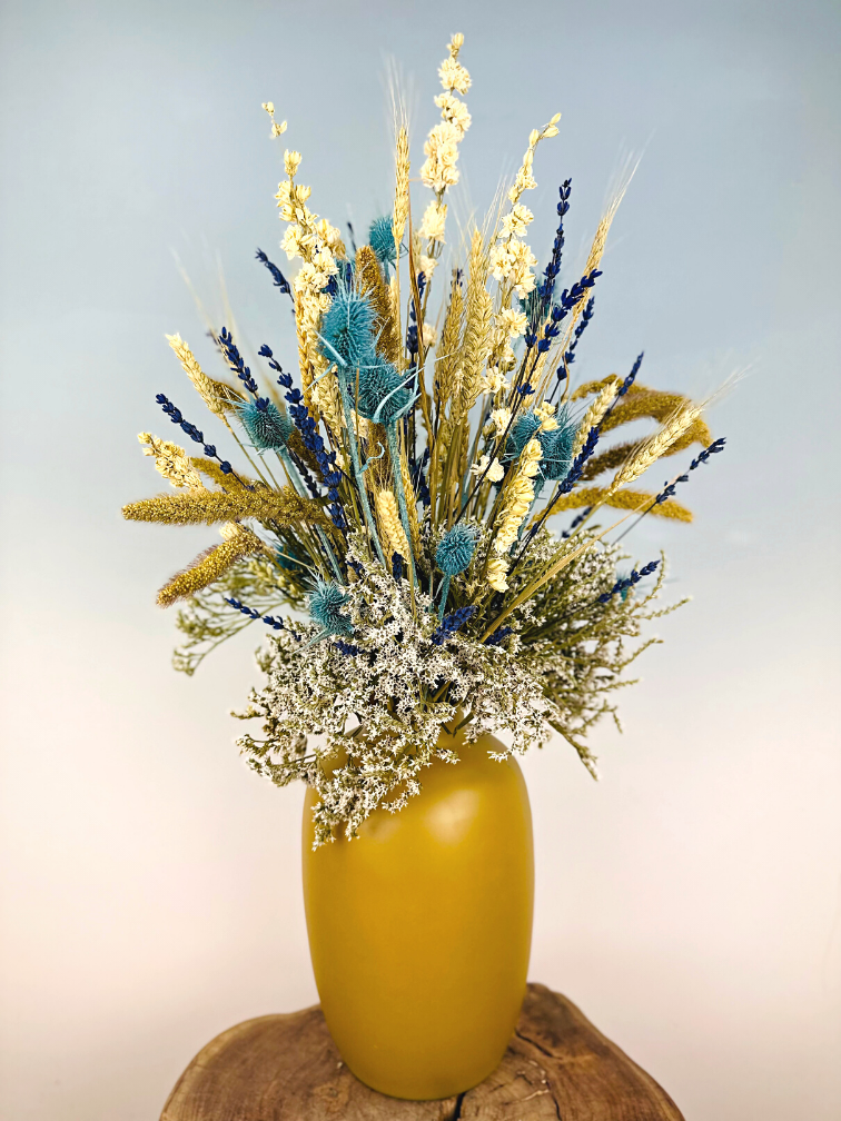 Bouquet de fleurs séchées "Frozen Blue" - jaune ocre | 70cm