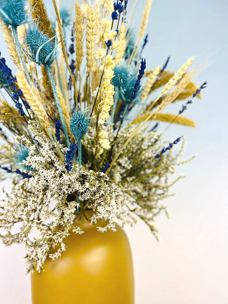 Bouquet de fleurs séchées "Frozen Blue" - jaune ocre | 70cm