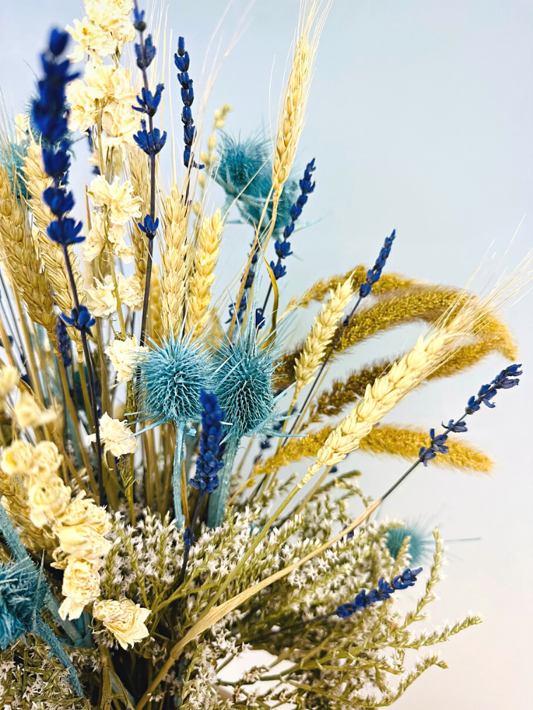 Bouquet de fleurs séchées "Frozen Blue" - jaune ocre | 70cm
