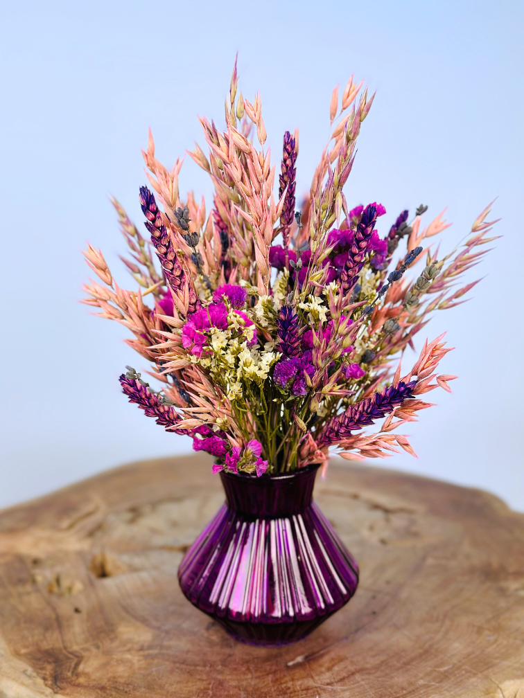 Bouquet de fleurs séchées "Béguin Violet " vase inclus | 25cm