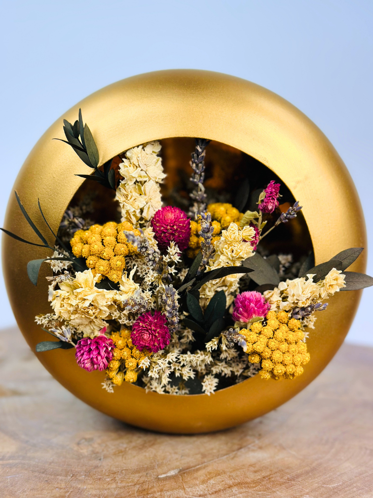 Windlicht mit Trockenstrauß "gold" | ⌀20cm