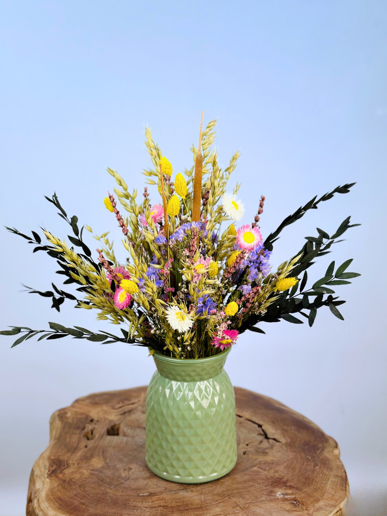 Ramo de flores secas "El Ramo de la Felicidad" - incluye jarrón verde | 35cm