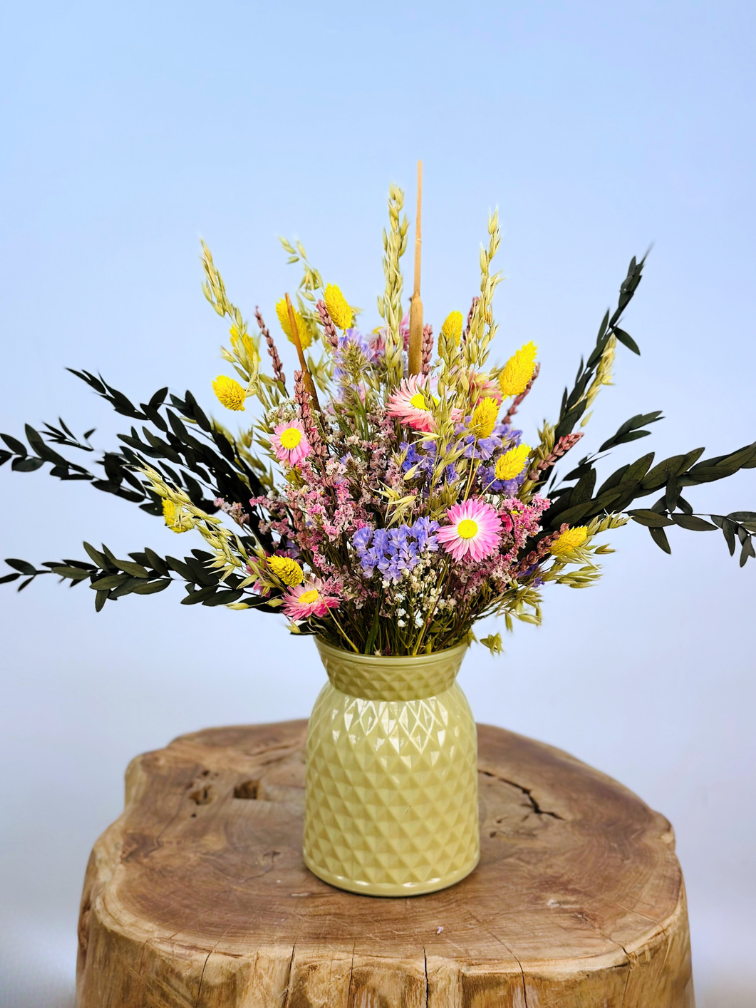 Ramo de flores secas "El Ramo de la Felicidad" - incluye jarrón verde | 35cm