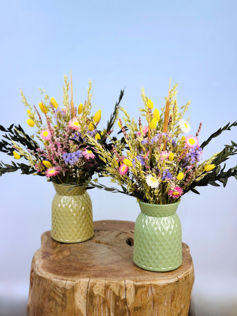 Ramo de flores secas "El Ramo de la Felicidad" - incluye jarrón verde | 35cm