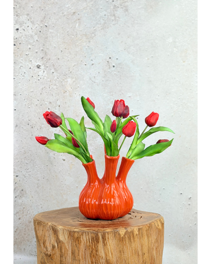 Bouquet artificiel "Tulipes rouges" – incl. vase à tulipes orange | 45 cm