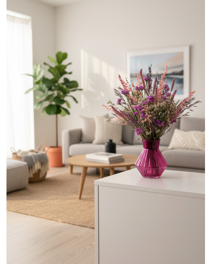 Bouquet de fleurs séchées "Béguin Violet " vase inclus | 30cm