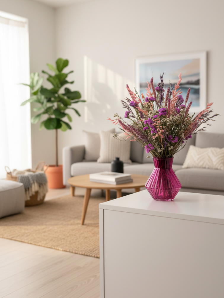 Trockenblumenstrauß "Purpurner Schwarm" inklusive Vase | 30cm