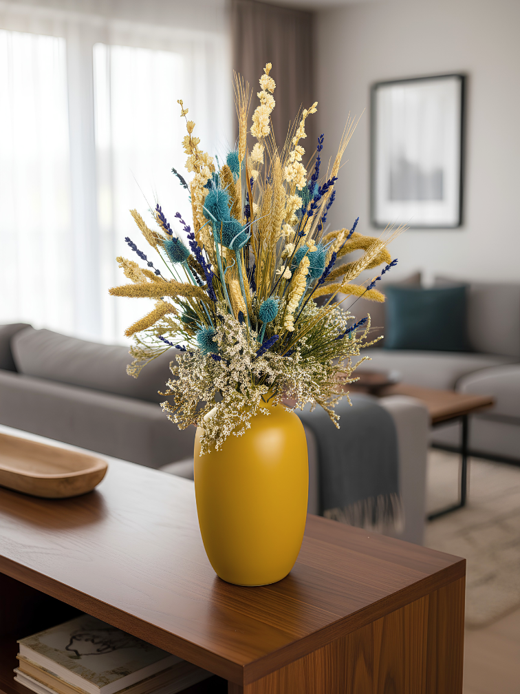 Bouquet de fleurs séchées "Frozen Blue" - jaune ocre | 70cm