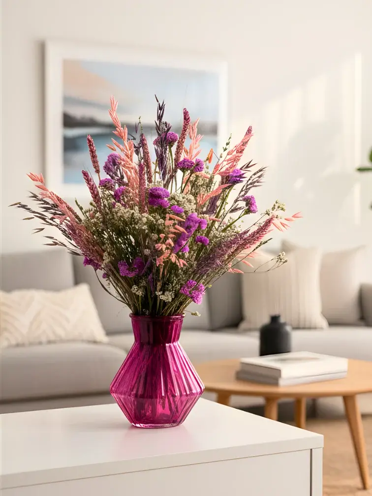 Trockenblumenstrauß "Purpurner Schwarm" inklusive Vase | 30cm
