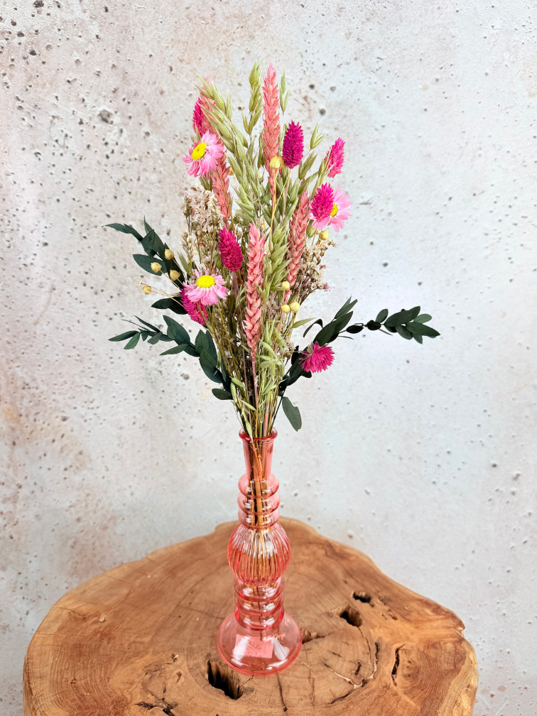 Bouquet de fleurs séchées « Strawberry Fields » avec vase inclus | 35 cm