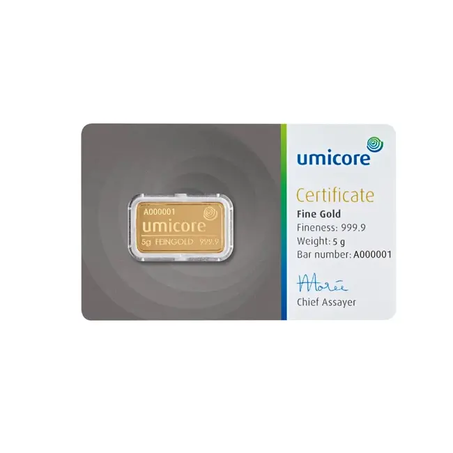 Umicore  Goudbaar 5. gram fijn puur goud