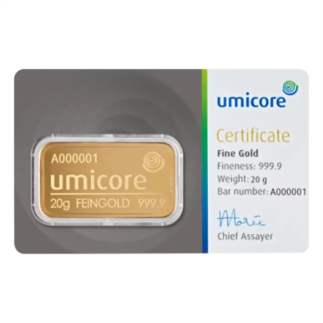 Umicore Goudbaar 20. gram fijn puur goud