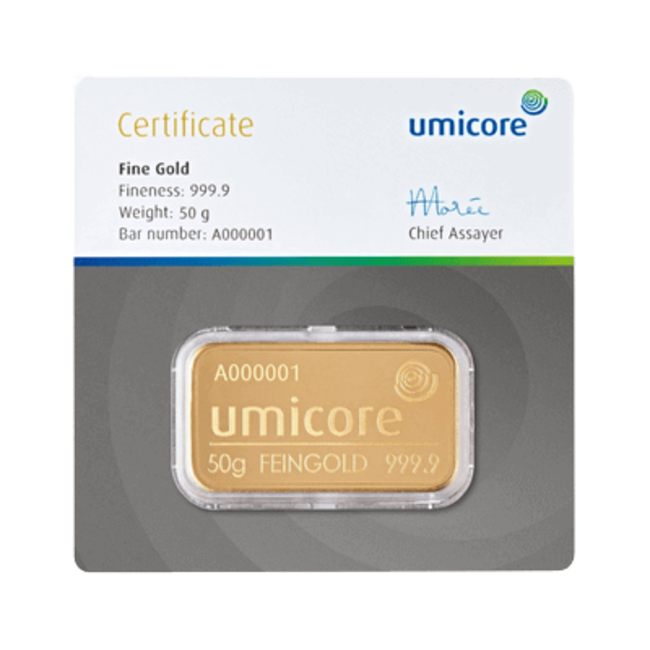 Umicore Goudbaar 50. gram fijn puur goud