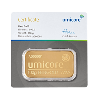 Umicore Umicore Goudbaar 100. gram fijn puur goud