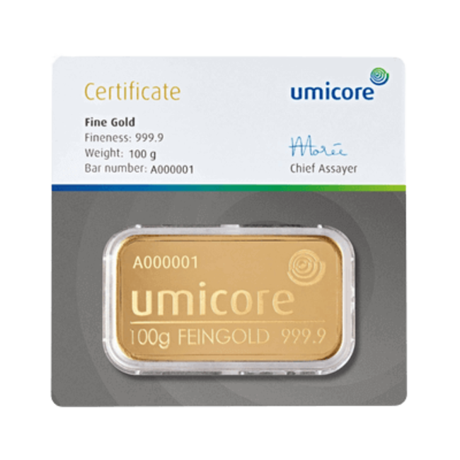 Umicore Goudbaar 100. gram fijn puur goud