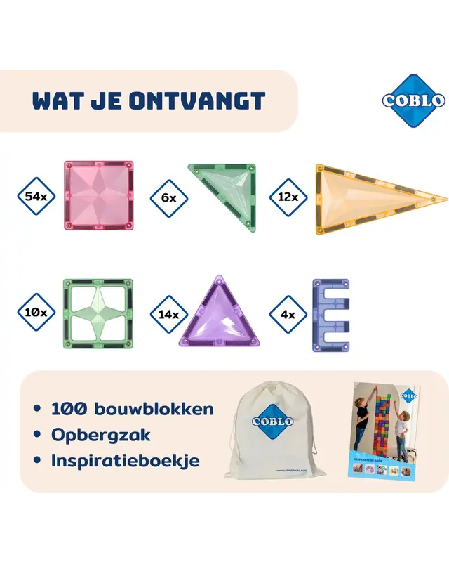 Coblo Coblo Magnetische bouwstenen Pastel - 100 delig Coblo Coblo Magnetische bouwstenen Pastel - 100 delig