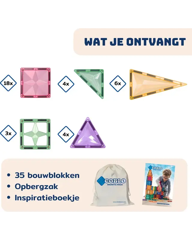 Coblo Coblo Magnetische bouwstenen Pastel - 35 delig Coblo Coblo Magnetische bouwstenen Pastel - 35 delig
