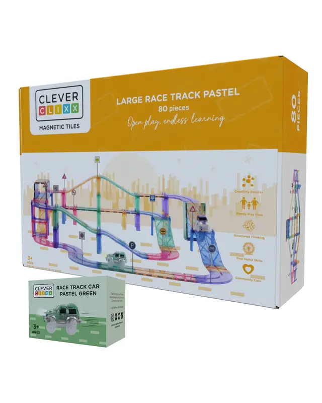 Cleverclixx Cleverclixx Race Track Pastel - 80 stuks + Gratis Groene auto Cleverclixx Cleverclixx Race Track Pastel - 80 stuks + Gratis Groene auto