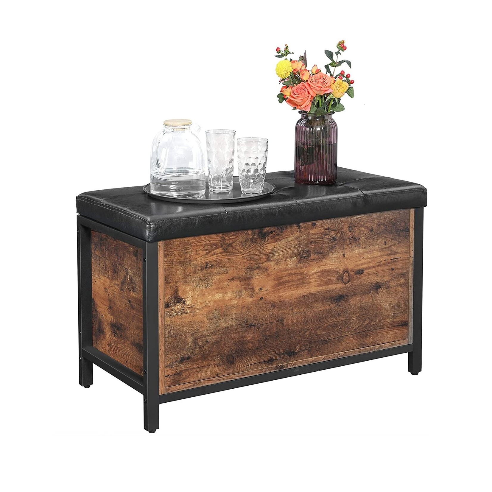 Bobbel Home Opbergbank - Industrieel - Kunstleer - Bruin/Zwart