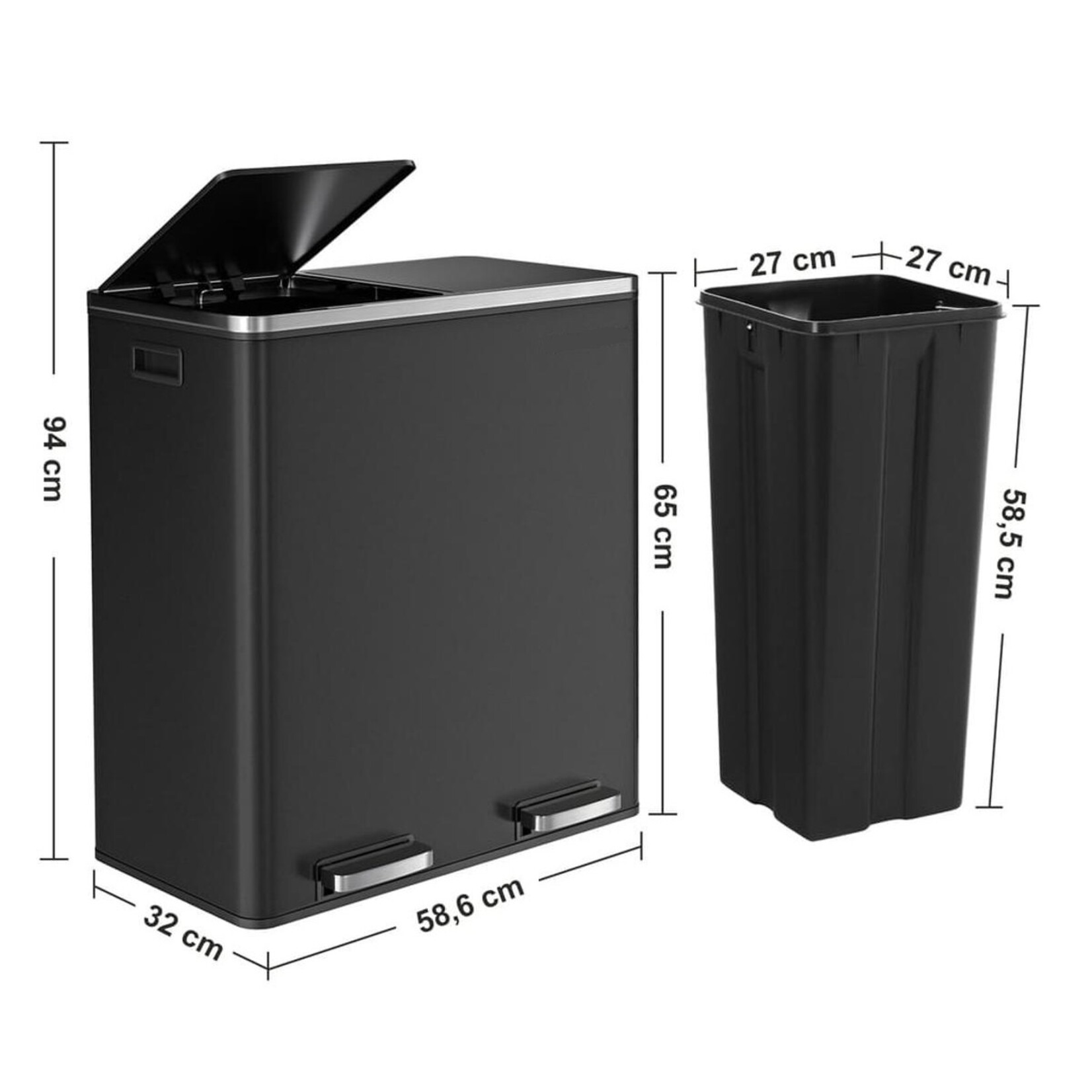 Bobbel Home Bobbel Home - Black Waste Bin - 2 x 30 Liter - 2 Compartments - Stainless Steel