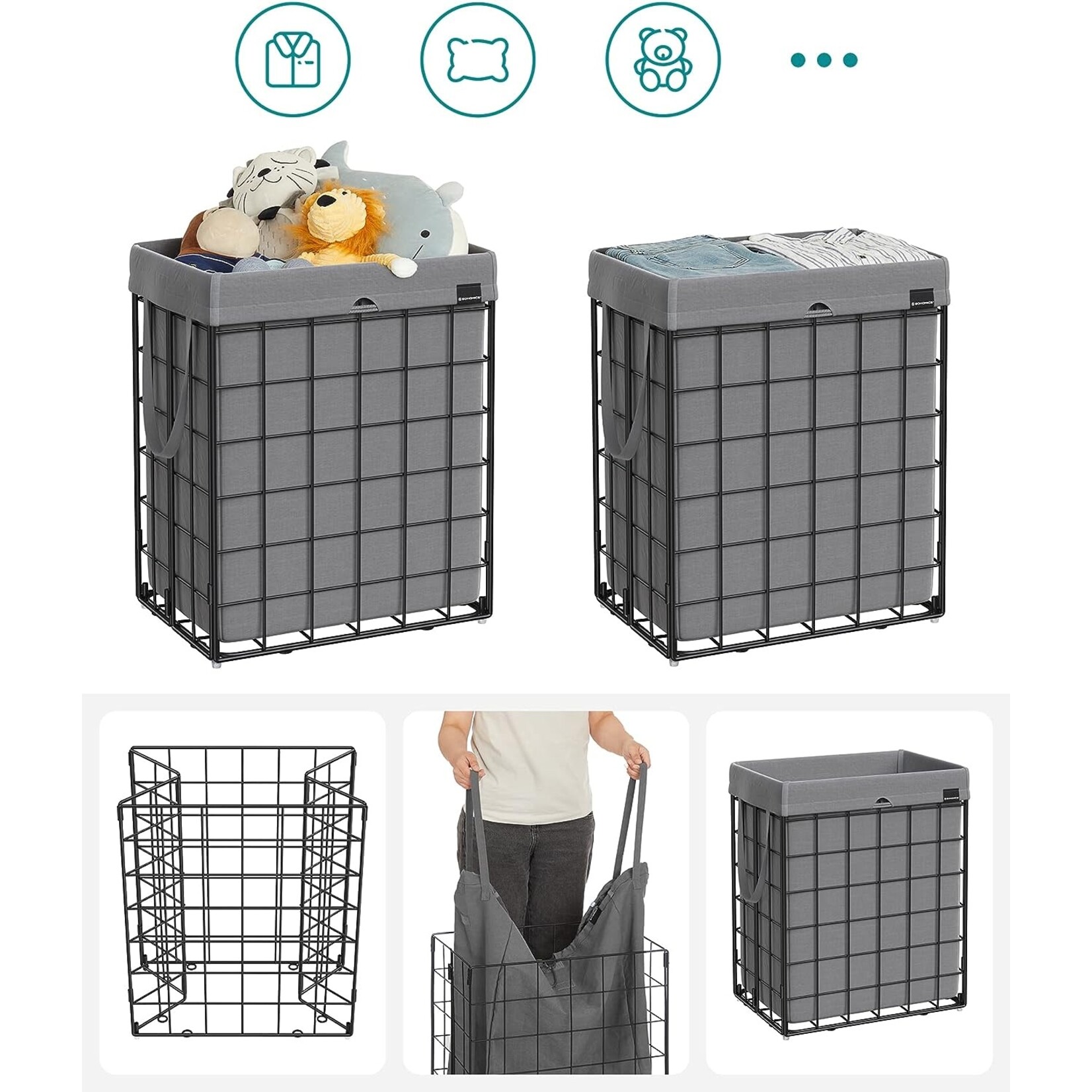 Bobbel Home Bobble Home- Laundry basket 90L - Foldable - Metal Frame - Black/Gray